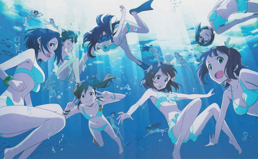 akizuki_ritsuko, amami_haruka, bangs, bikini, black_hair, blue_eyes, bracelet, brown_eyes