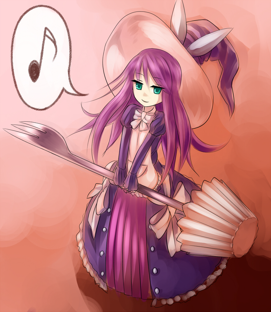 duel_monster, fork, green_eyes, hat, madolce_majoleine, madolche, madolche_majoleine, purple_hair