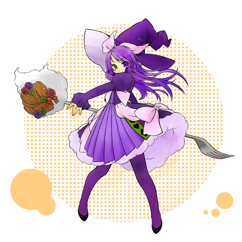 duel_monster, fork, hat, heterochromia, madolce_majoleine, madolche, madolche_majoleine, pantyhose, purple_hair, witch_hat, yu-gi-oh!, yuu-gi-ou