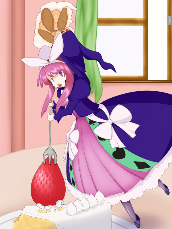 cake, dress, food, fork, fruit, hat, heterochromia, madolce_majoleine