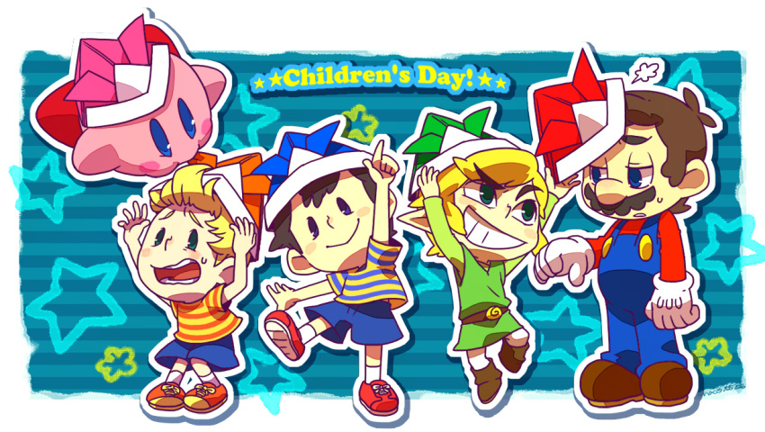 4boys, black_hair, blonde_hair, blue_eyes, brown_hair, child, facial_hair, gloves, grin, hat, kirby, kirby_(series), link, lucas, mario, mother_(game), mother_2, mother_3, multiple_boys, mustache, naco24, ness, nintendo, overall, overalls, smile, super_mario_bros., super_smash_bros., sweatdrop, the_legend_of_zelda, toon_link, wind_waker