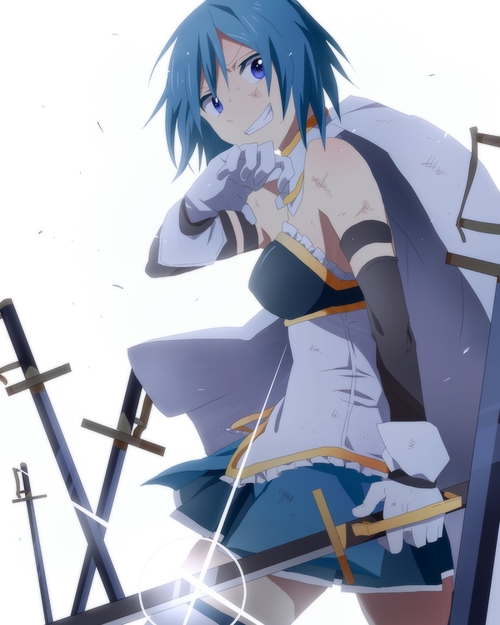 1boy, armband, blue_eyes, blue_hair, cape, erigamine, gloves, grin