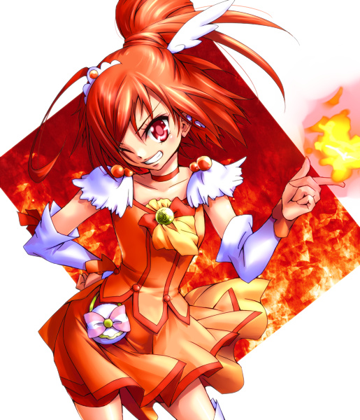 bike_shorts, choker, cure_sunny, dress, fire, grin, hair_bun, hand_on_hip