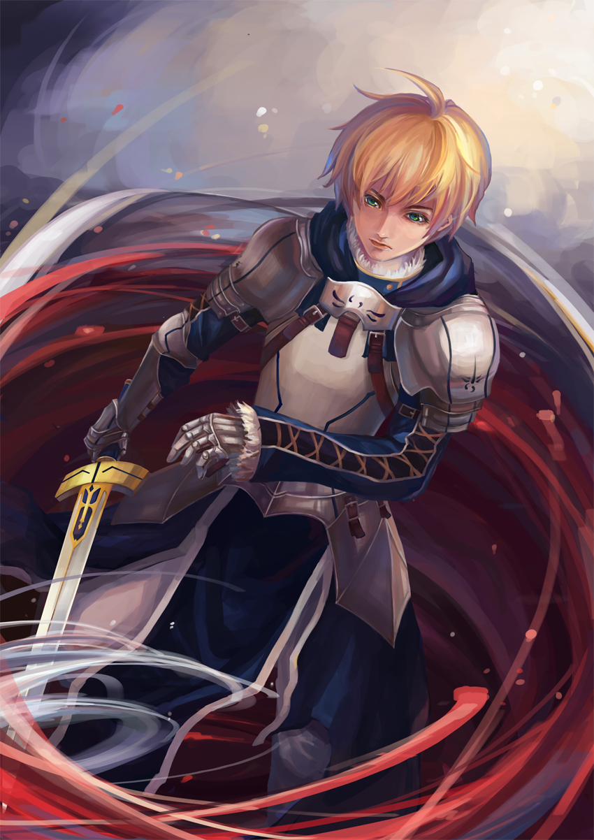 armor, blonde_hair, excalibur, fate/prototype, fate_(series), green_eyes, highres, male