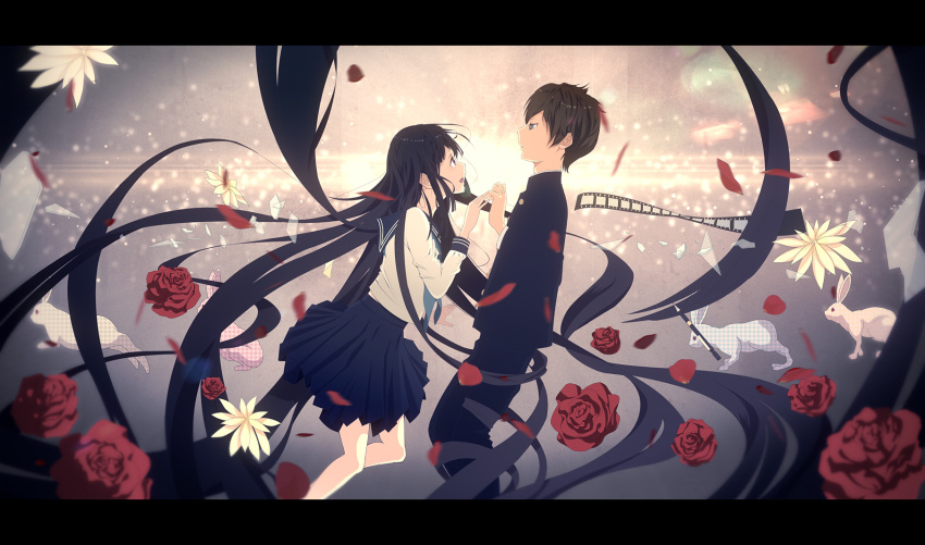 1boy, 1girl, black_hair, bunny, chitanda_eru, film, film_strip, flower