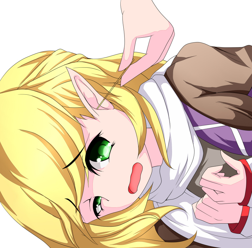 absurdres, blonde_hair, bust, cleaning_ears, green_eyes, hands_on_own_chest, highres, lying