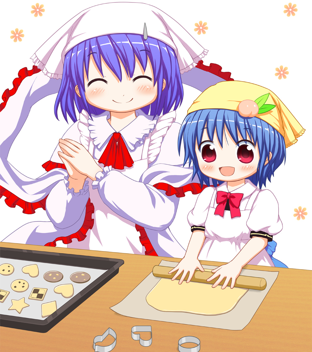 :d, ^_^, alternate_costume, alternate_headwear, apron, baking, baking_sheet, bebelona