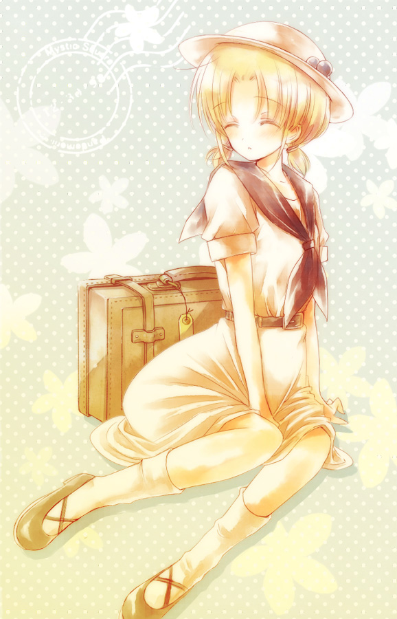 belt, blonde_hair, closed_eyes, demon, dress, hat, luggage, luize