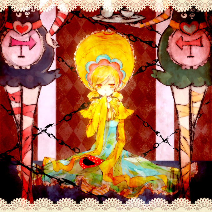 blonde_hair, bonnet, candeloro, candeloro's_familiars, candeloro's_familiars, chain, chains, colorful