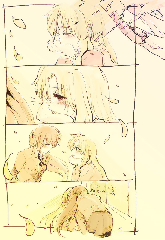 blonde_hair, blush, brown_hair, closed_eyes, eyes_closed, fate_testarossa, kiss, long_hair, lyrical_nanoha, mahou_shoujo_lyrical_nanoha, mahou_shoujo_lyrical_nanoha_strikers, multiple_girls, siz_(emforhsqhf), smile, takamachi_nanoha, yuri