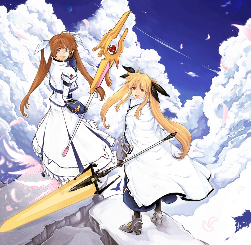 bardiche, blonde_hair, blue_eyes, brown_hair, fate_testarossa, highres, long_hair, looking_at_viewer