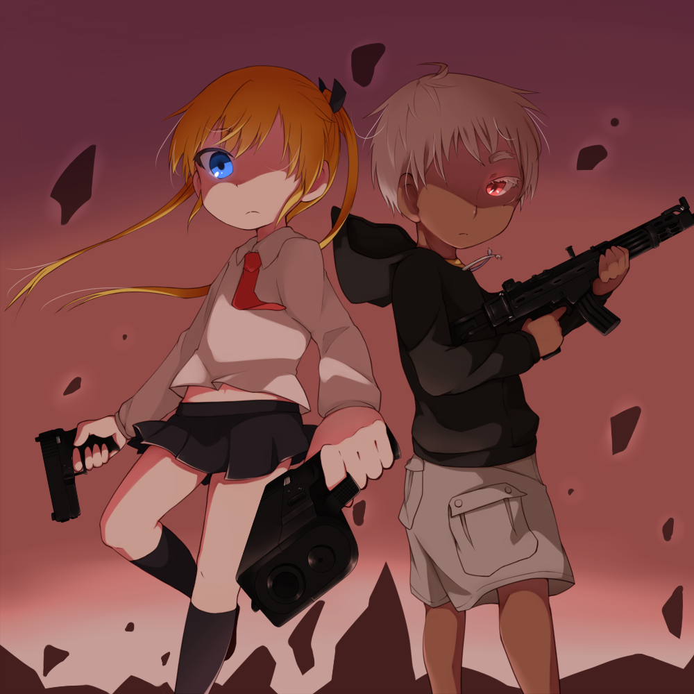 1girl, assault_rifle, blonde_hair, blue_eyes, crossover, fn_fnc, glock, gun