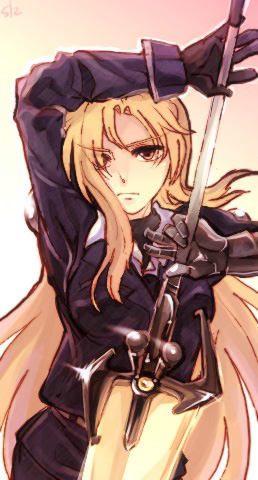 bardiche, blonde_hair, fate_testarossa, long_hair, lowres, lyrical_nanoha, mahou_shoujo_lyrical_nanoha, mahou_shoujo_lyrical_nanoha_strikers