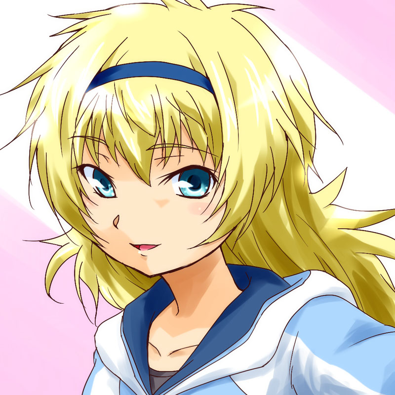 blonde_hair, blue_eyes, hairband, hoodie, light_smile, long_hair, looking_at_viewer, miniskirt_pirates