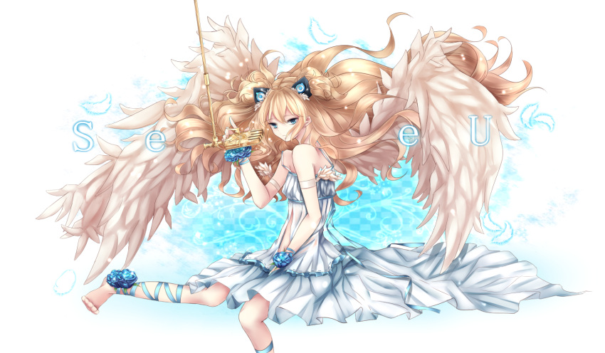1girl, bad_feet, bare_shoulders, barefoot, blonde_hair, blue_eyes, character_name, dress