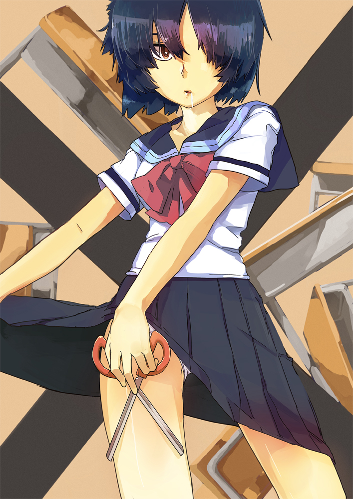 ashuho, black_hair, brown_eyes, convenient_censoring, drooling, hair_over_eyes, nazo_no_kanojo_x, panties
