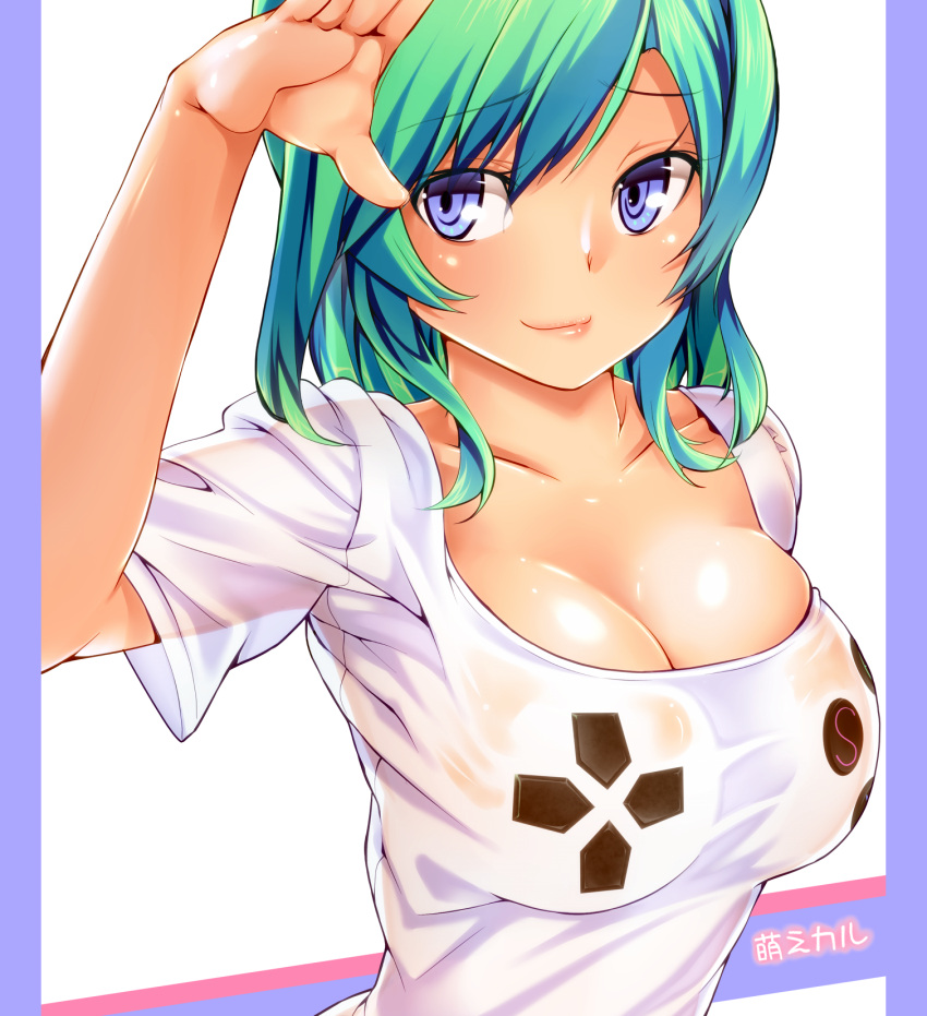 amasora_taichi, blue_eyes, breasts, bust, cleavage, green_hair, highres, large_breasts, lips, original, pillarboxed, ps3_controller, see-through, see-through_silhouette, shiny, shiny_skin, shirt, skindentation, smile, solo