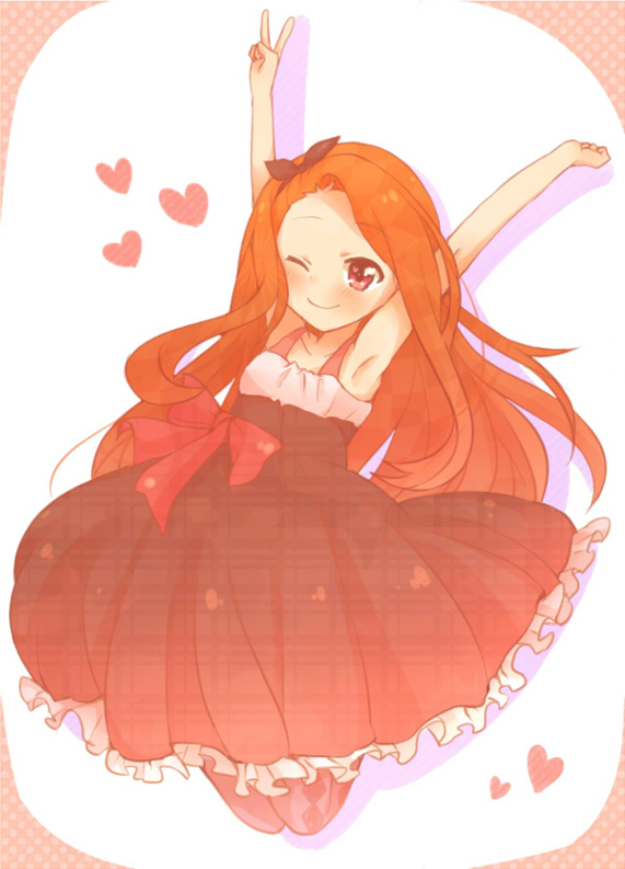 brown_hair, dress, idolmaster, long_hair, minase_iori, nanaribon, pantyhose, pink_eyes