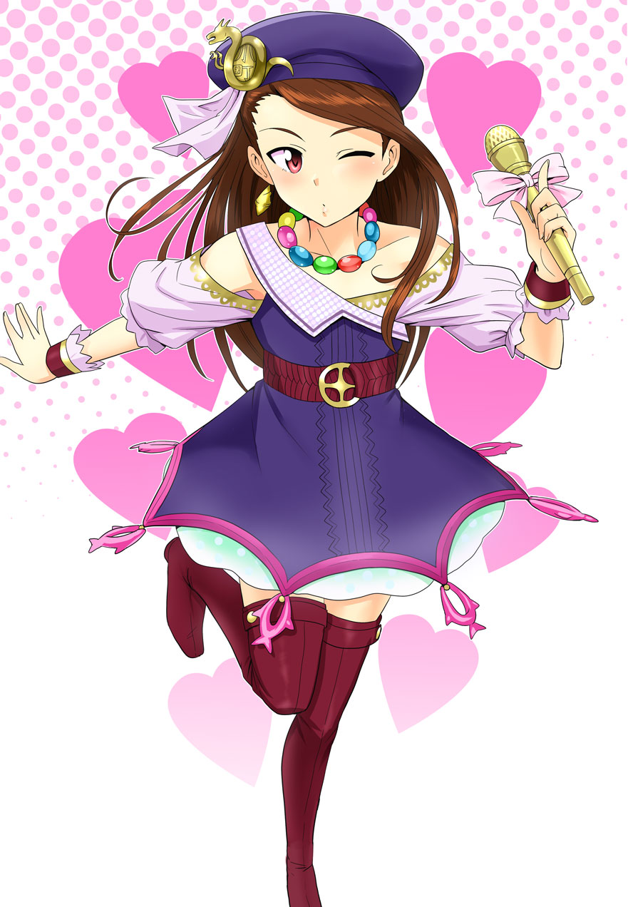 belt, beret, boots, brown_hair, dress, earrings, hat, highres, idolmaster, jewelry, leg_up, long_hair, microphone, minase_iori, necklace, off_shoulder, pink_eyes, ryuuguu_komachi, solo, thigh-highs, thigh_boots, thighhighs, tsurui, wink, wrist_cuffs