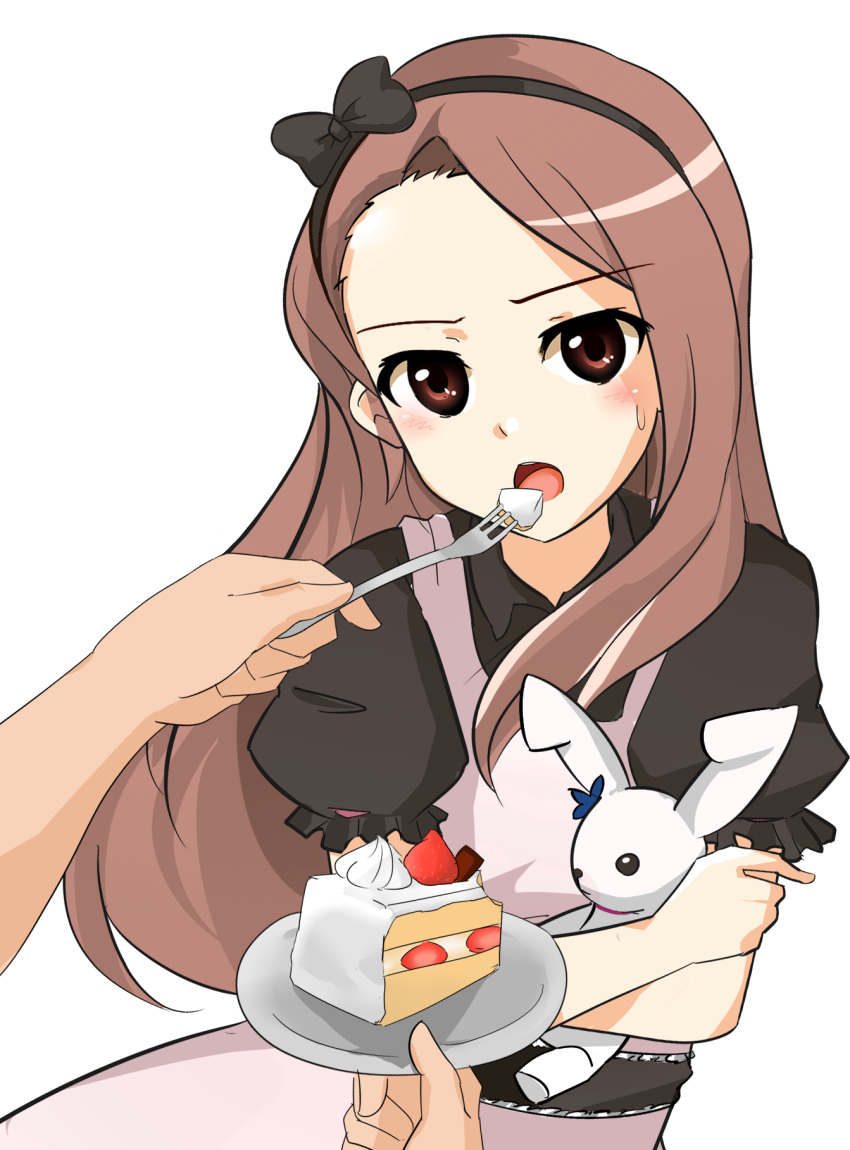 bad_id, bow, brown_eyes, brown_hair, cake, crossed_arms, feeding, food