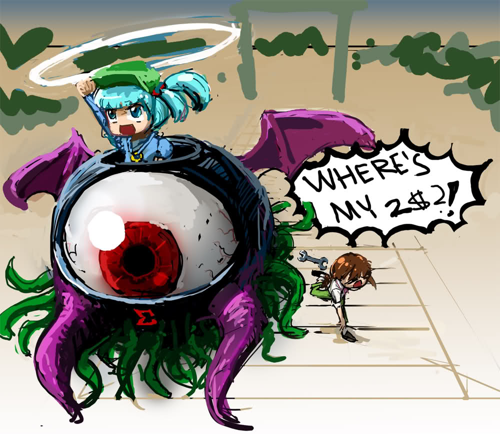 brown_hair, evil_eye_sigma, kawashiro_nitori, megas_xlr, parody, rika_(touhou), touhou, touhou_(pc-98)