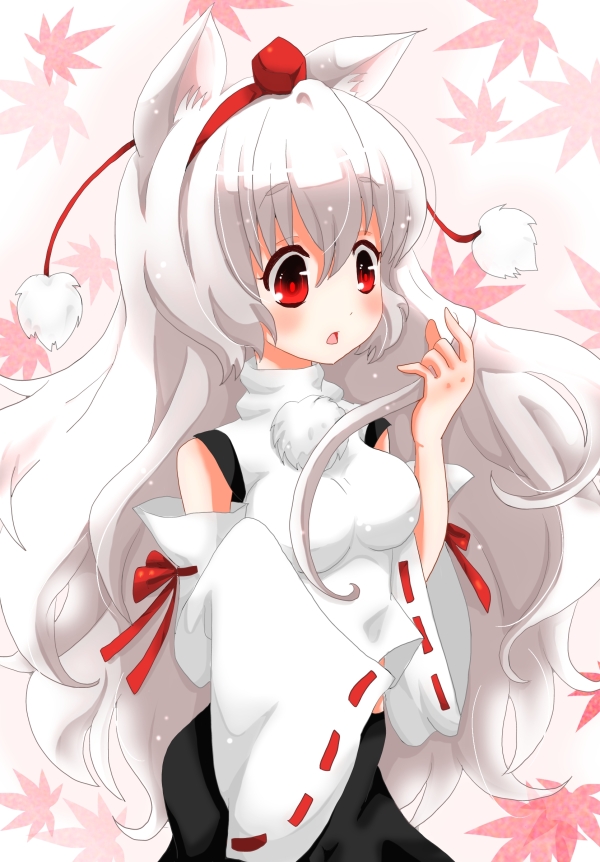 alternate_hair_length, alternate_hairstyle, animal_ears, bad_id, detached_sleeves, hat, inubashiri_momiji, long_hair