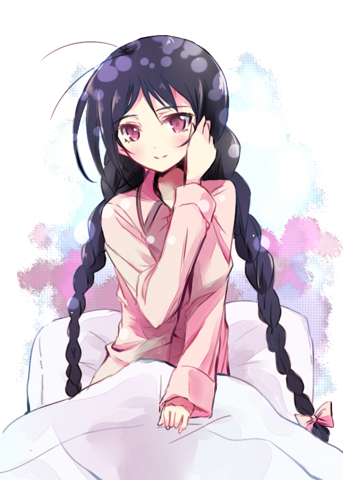 accel_world, alternate_hairstyle, arita_haruyuki, blanket, blush, braid, kuroyukihime, long_hair, maromi_(am97), pajamas, pillow, pink_eyes, smile, solo, twin_braids, very_long_hair