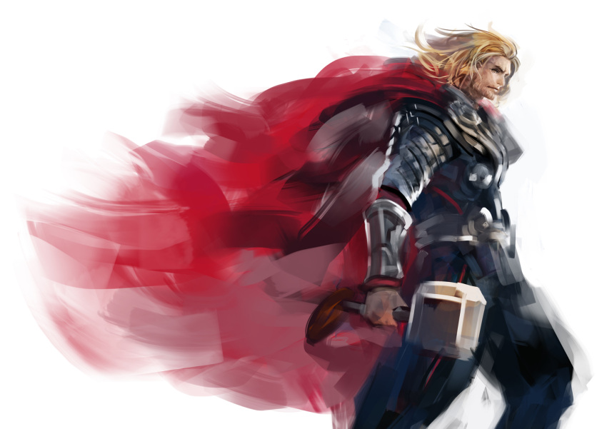 1girl, armor, beard, blonde_hair, cape, facial_hair, hammer, male, manly, marvel, mjollnir, mjolnir, pump_(artist), solo, thor_(marvel), vambraces, walking, weapon, white_background, wind