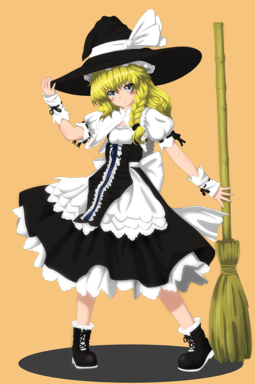 adapted_costume, apron, arm_up, bamboo_broom, blonde_hair, blue_eyes, blush_stickers, bobby_socks, boots, bow, braid, broom, capelet, cross-laced_footwear, curiosities_of_lotus_asia, full_body, hand_on_hat, hat, highres, kirisame_marisa, long_hair, looking_at_viewer, orange_background, pigeon-toed, puffy_sleeves, ribbon, shadow, short_sleeves, simple_background, single_braid, skirt, socks, sogabu_mikoto, solo, standing, touhou, witch, witch_hat, wrist_cuffs