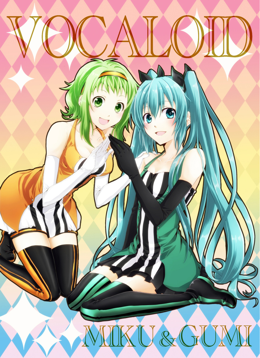 aqua_eyes, aqua_hair, argyle, argyle_background, bare_shoulders, boots, character_name, detached_sleeves