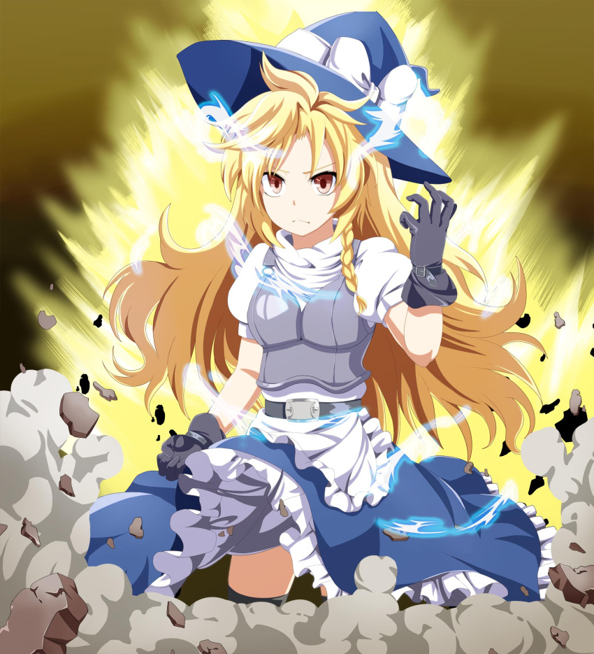 absurdres, black_legwear, blonde_hair, braid, brown_eyes, electricity, eo_(artist), frown