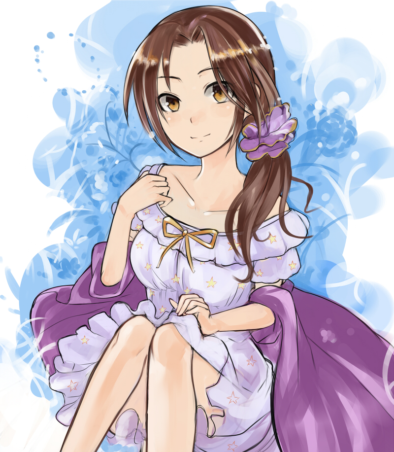 bow, brown_eyes, brown_hair, character_request, collarbone, dress, flower, hair_ornament