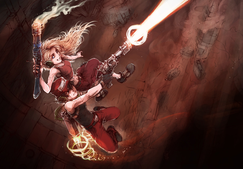1girl, antennae, belt, blonde_hair, blue_eyes, brown_hair, carrying, curly_brace