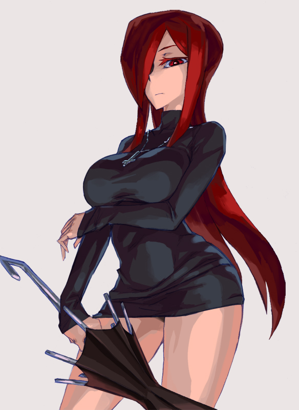 bare_legs, black_panties, breast_hold, breasts, cross, cross_necklace, frown, hair_over_one_eye, impossible_clothes, impossible_shirt, inverted_cross, kuroino_(artist), large_breasts, long_hair, minidress, miniskirt, necklace, panties, pantyshot, parasoul_(skullgirls), red_eyes, red_hair, redhead, skirt, skullgirls, solo, turtleneck, umbrella, underwear, weapon