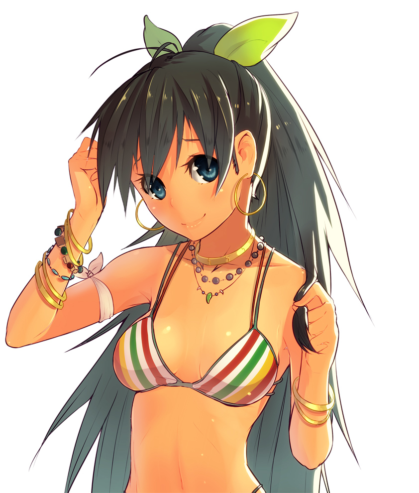 bikini, black_hair, blue_eyes, bracelet, dark_skin, earrings, ganaha_hibiki, highleg