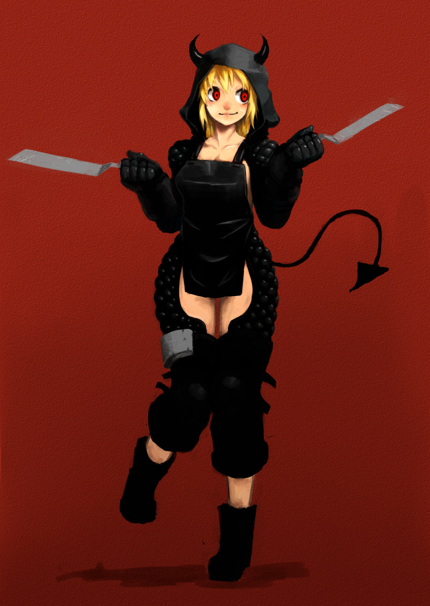 absurdres, apron, blonde_hair, boots, breasts, chaps, cleavage, demon_tail