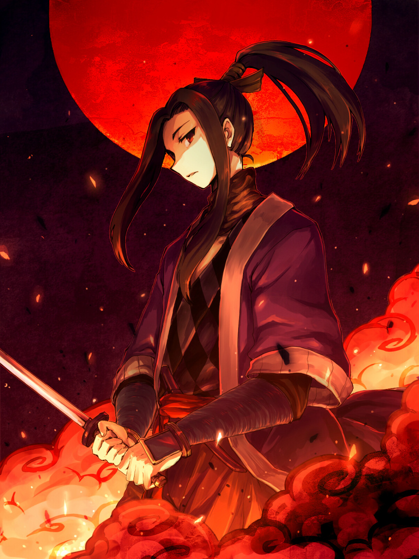 argyle, black_hair, embers, highres, katana, long_hair, looking_at_viewer, male