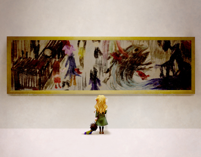 art_gallery, blonde_hair, doll, dress, garry_(ib), ib, ib_(ib), long_hair, mary_(ib), painting, painting_(object), skirt, solo, stuffed_toy, wato_samirika