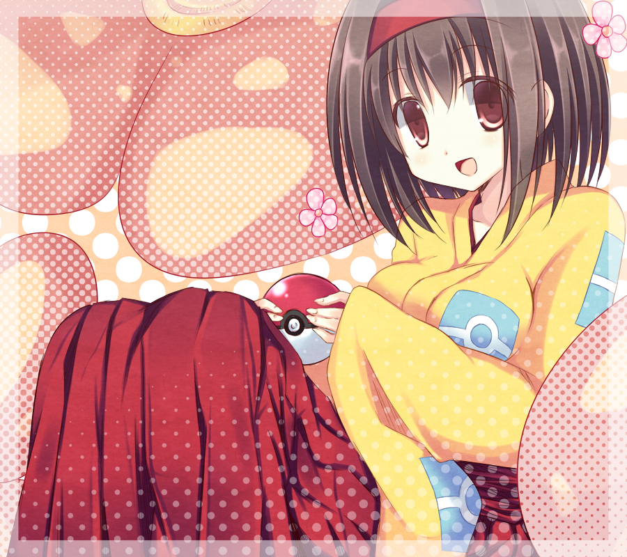 akane_souichi, breasts, brown_eyes, erika_(pokemon), gym_leader, holding, holding_poke_ball, japanese_clothes