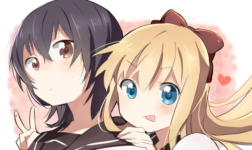 black_hair, blonde_hair, blue_eyes, bow, brown_eyes, funami_yui, hair_between_eyes, hair_bow, hand_on_shoulder, heart, highres, long_hair, multiple_girls, no_nose, open_mouth, parted_lips, portrait, school_uniform, serafuku, short_hair, toshinou_kyouko, ume_taro, v, yuru_yuri