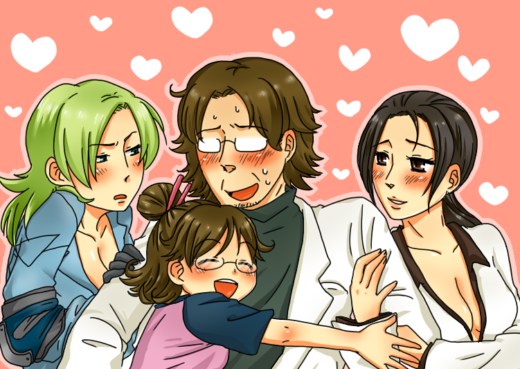 blonde_hair, blush, brown_eyes, brown_hair, emma_emmerich, glasses, hal_emmerich, harem