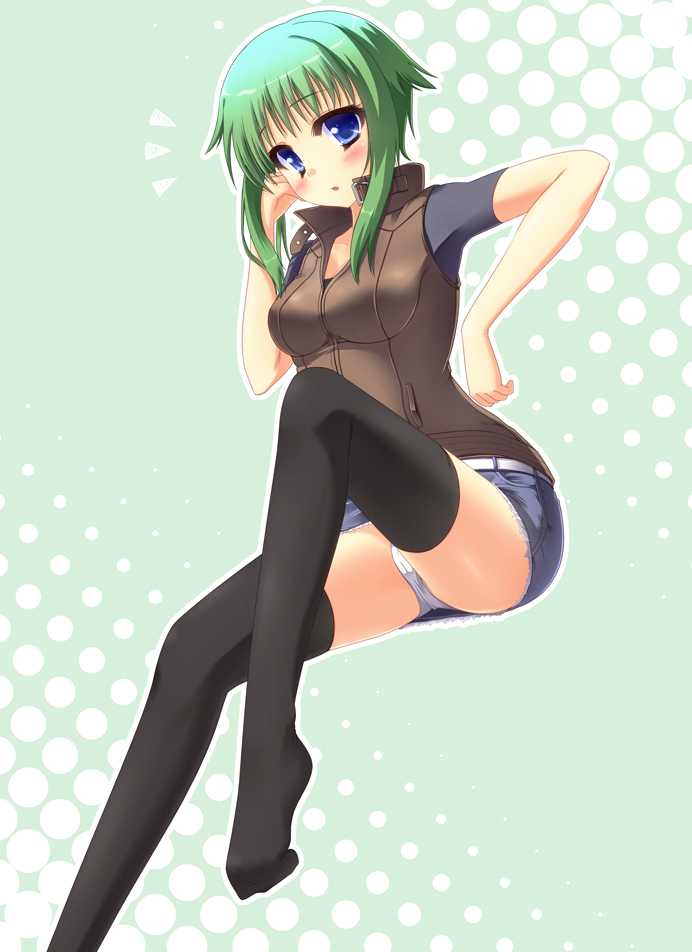 :o, black_legwear, blue_eyes, breasts, denim_skirt, green_hair, miniskirt, no_shoes, original, panties, pantyshot, payot, short_hair, skirt, solo, taletale, thigh-highs, thighhighs, underwear, vest