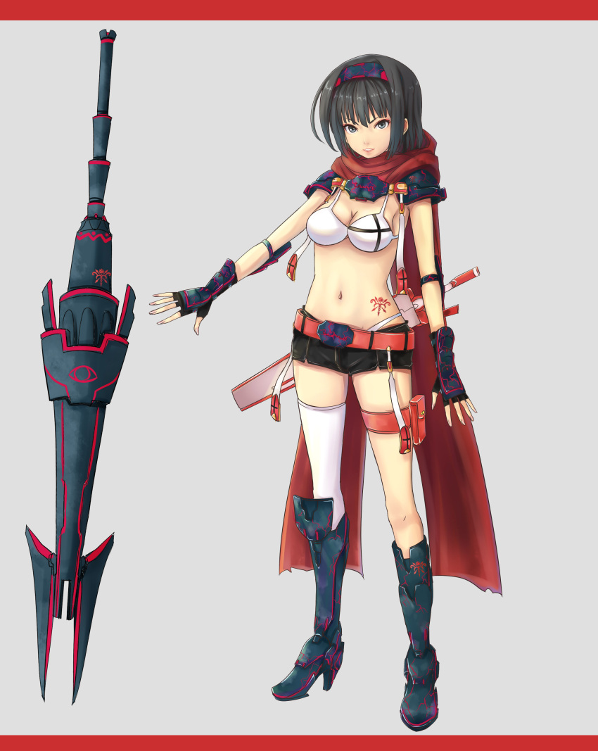 absurdres, bad_id, bikini_top, black_eyes, black_hair, boots, breasts, cape