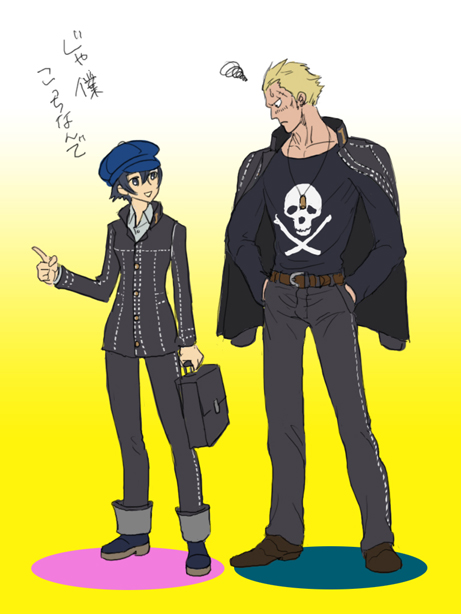 1boy, 1girl, androgynous, belt, black_eyes, blonde_hair, blue_eyes, blue_hair