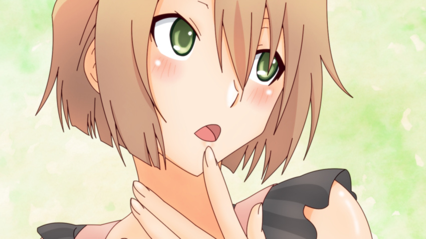 1girl, apron, blush, brown_hair, finger_to_mouth, green_eyes, highres, sankarea