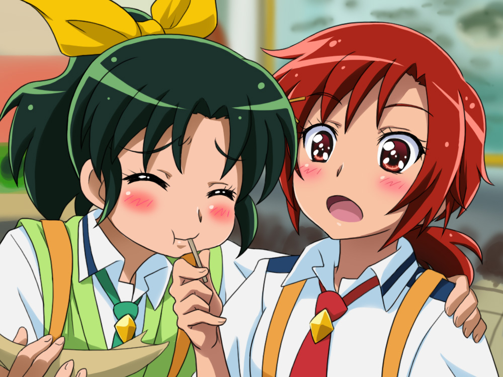 2girls, :o, blush, bust, candy, closed_eyes, eyes_closed, food_theft