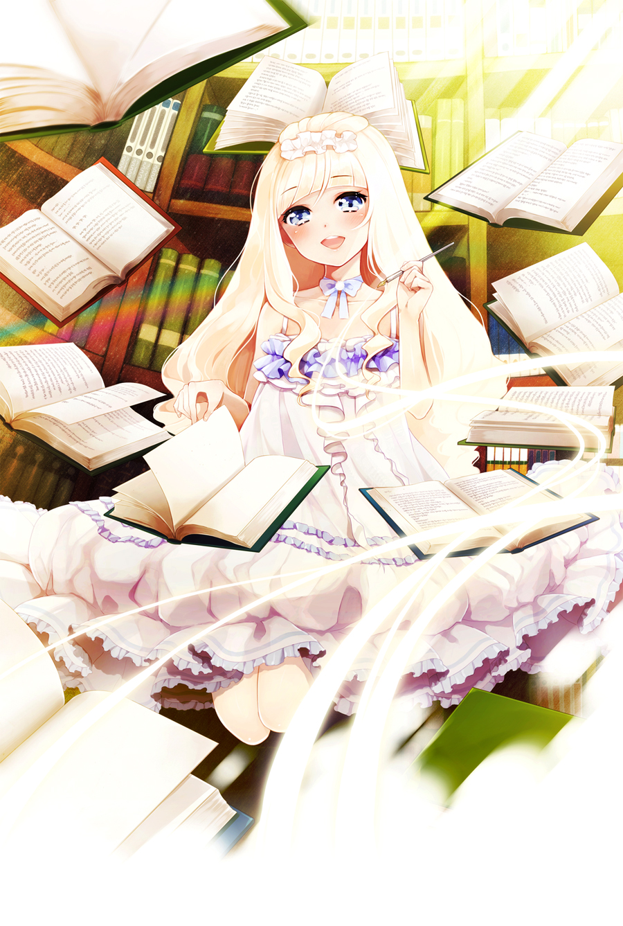 anz_(starry), blue_eyes, blush, bookshelf, dress, hairband, highres, long_hair