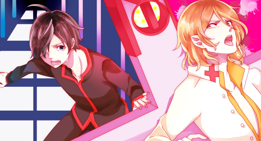araragi_koyomi, black_hair, blonde_hair, cross, curry_gohan, episode, kizumonogatari, monogatari_(series), multiple_boys, school_uniform, tongue