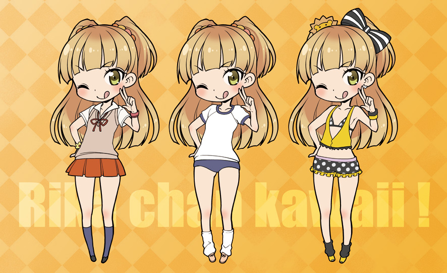 :q, ;q, blush, bow, brown_hair, buruma, character_request, earrings, gym_uniform, hair_bow, hair_ornament, idolmaster, idolmaster_cinderella_girls, jewelry, jougasaki_rika, kanya_pyi, loose_socks, midriff, polka_dot, romaji, skirt, socks, tongue, tongue_out, two_side_up, two_sides_up, v, wink, wristband, yellow_eyes