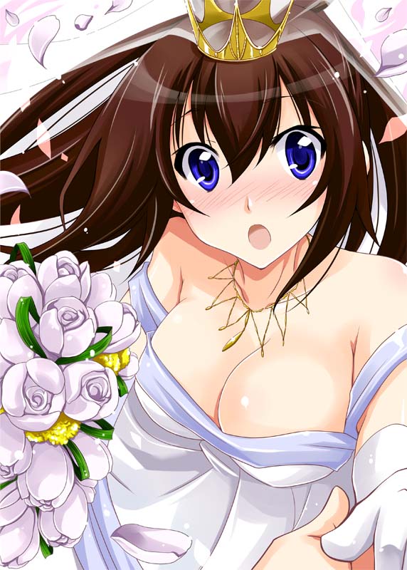 blush, bouquet, breasts, bridal_veil, brown_hair, cleavage, crown, dress, flower, infinite_stratos, long_hair, pov, shinonono_houki, tiara, veil, wedding_dress, yamaki_suzu
